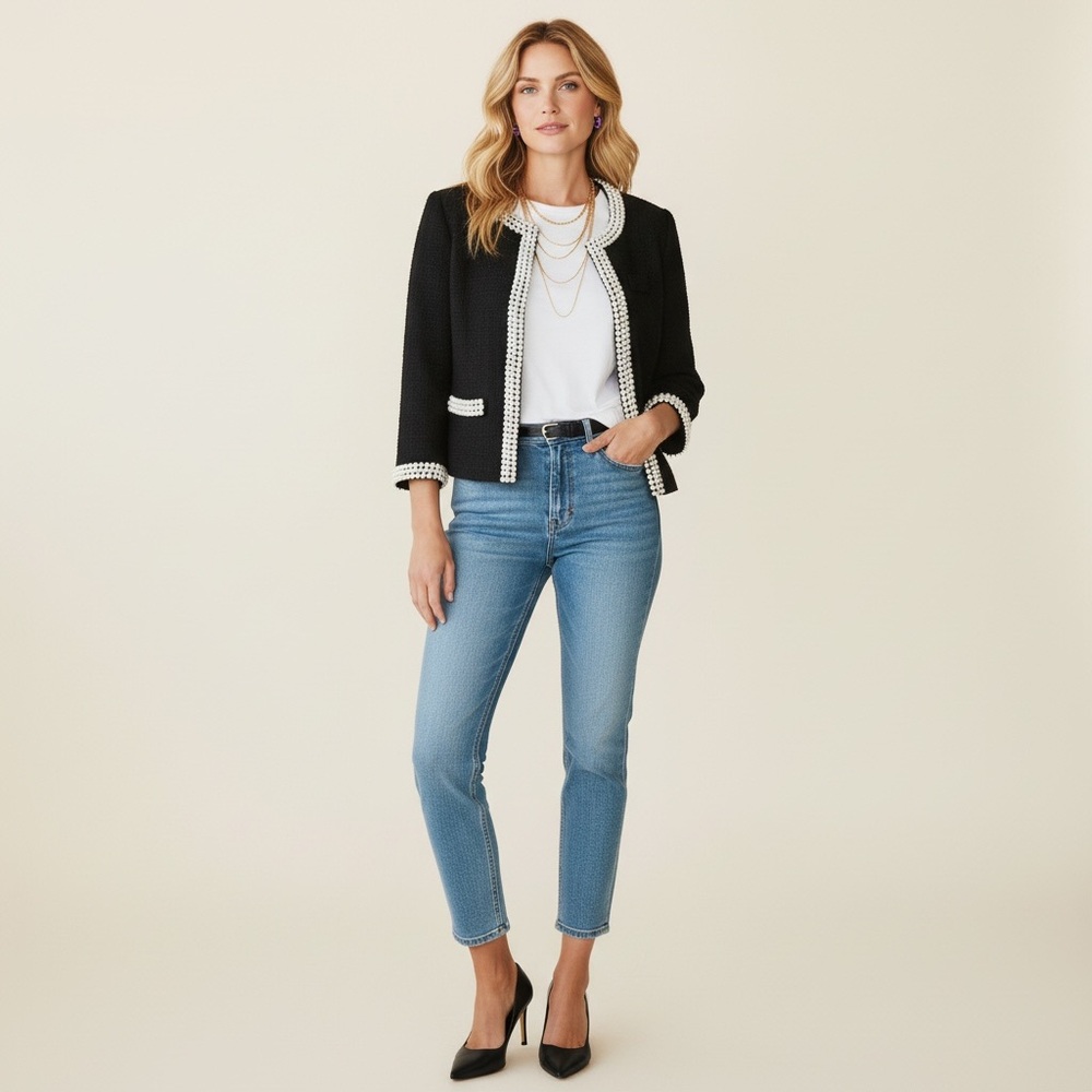 Boston Proper Black Pearl-Trim Cropped Jacket Women’s 10